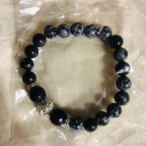 Onyx Shiny Silver-Colored Lionhead Bracelet – 8mm Beads | Bold & Elegant